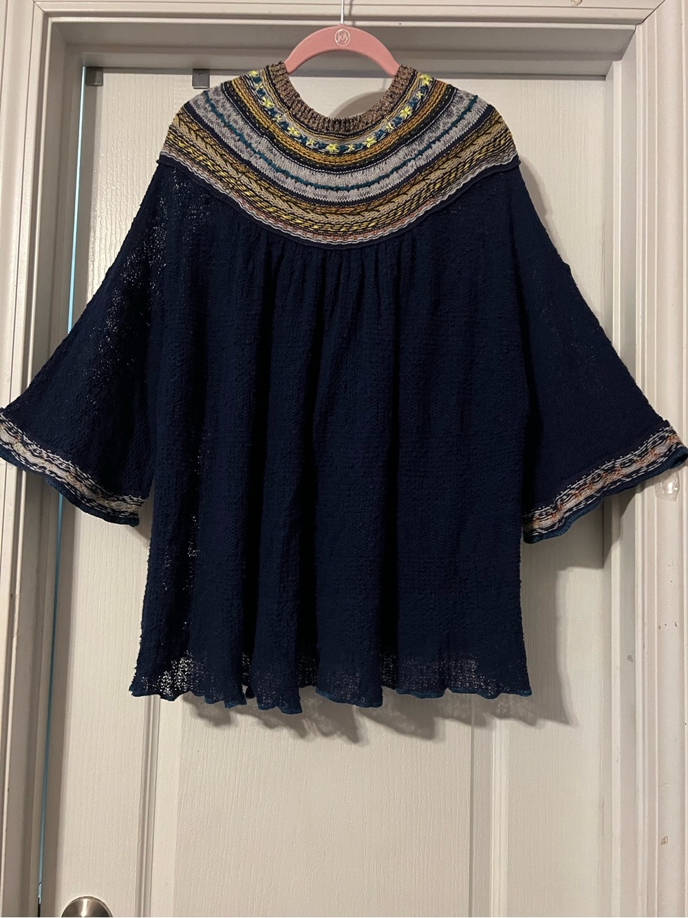 Free People "Vacation" Boho Embroidered Knit Sweater Top Navy Blue Large